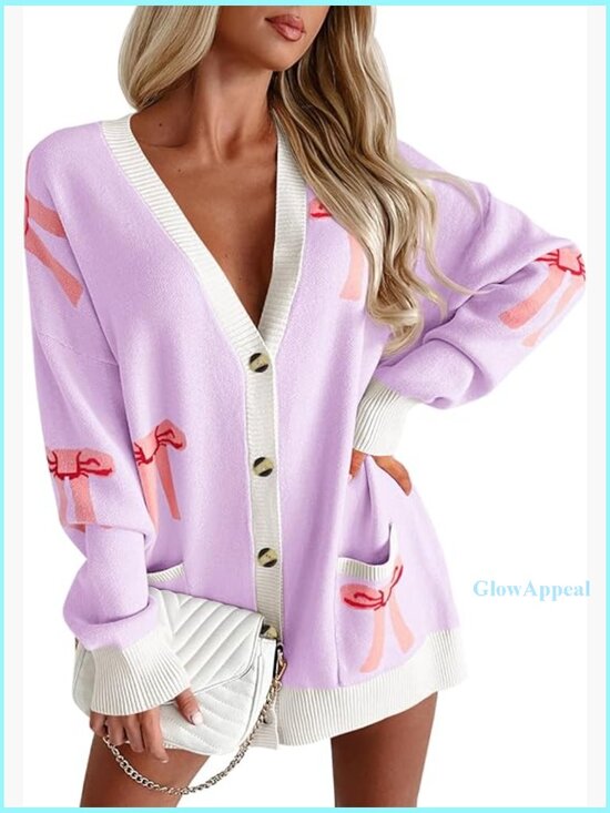 Sweaters - Oversized V-Neck Cardigan Sweater with Bow Print, Loose Knit, Button Front